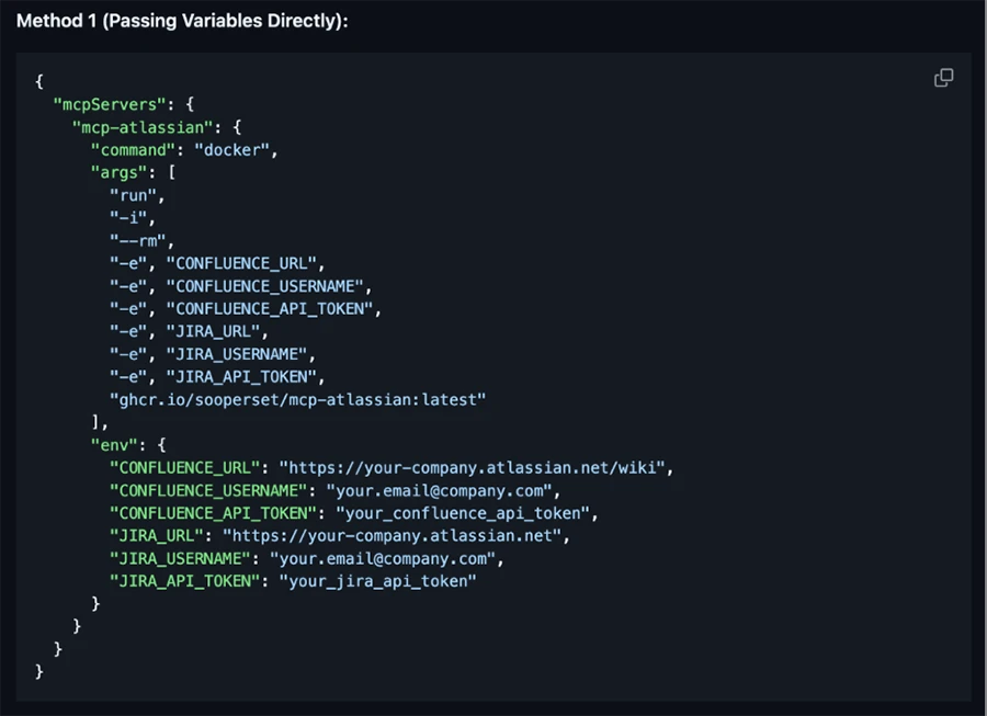 Figure 3. Example of an MCP server configuration using system variable secrets to authenticate to the data source