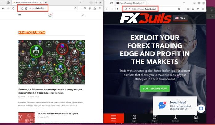 Comparison of fxbulls.ru (left) and fxbulls.com (right)
