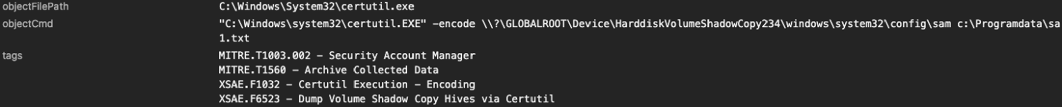 Trend Vision One logs the extraction of the SAM hive from a Volume Shadow Copy via certutil.exe