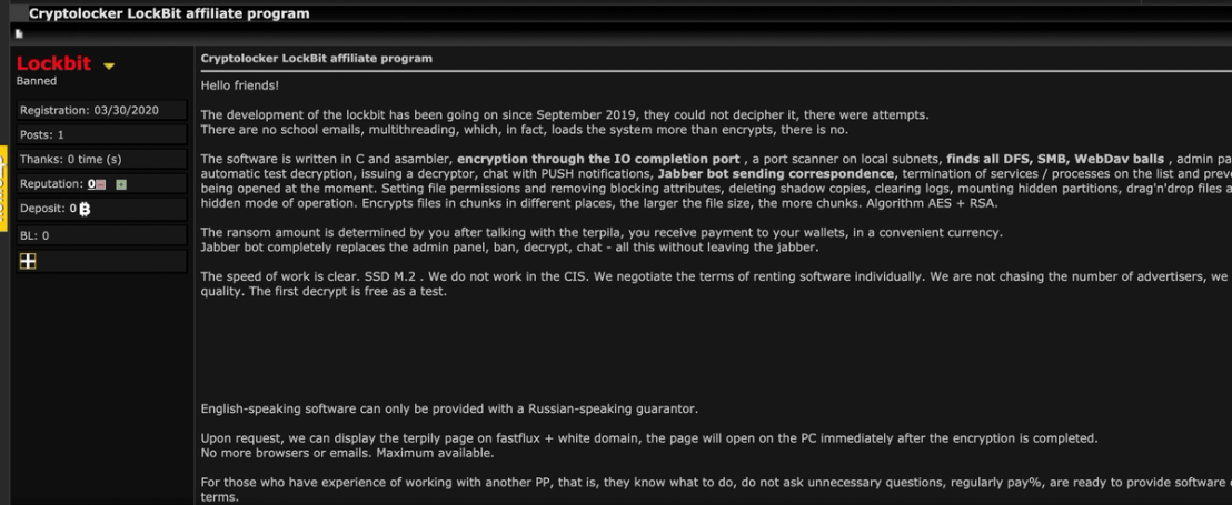 Figure 5. LockBit affiliate recruitment in underground forums