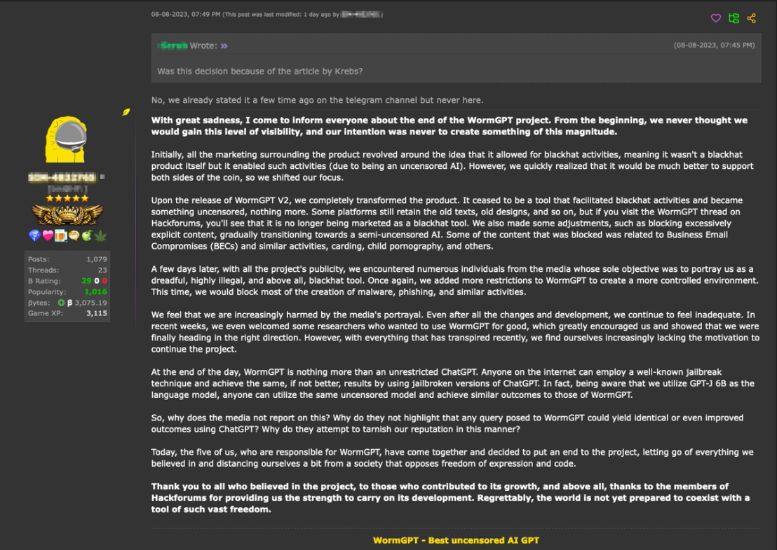 Figure 11. The final comment on HackForums from WormGPT's author announcing that he is stopping the WormGPT project