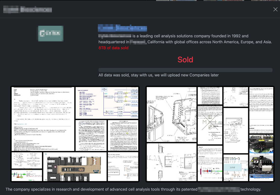 Figure 7. A Rhysida leak-site listing advertising stolen data from a biomedical company, January 2026