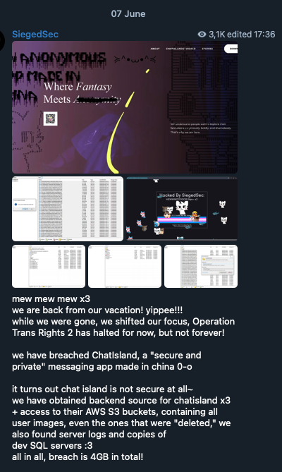 SiegedSec describing their attack on a messaging app’s website
