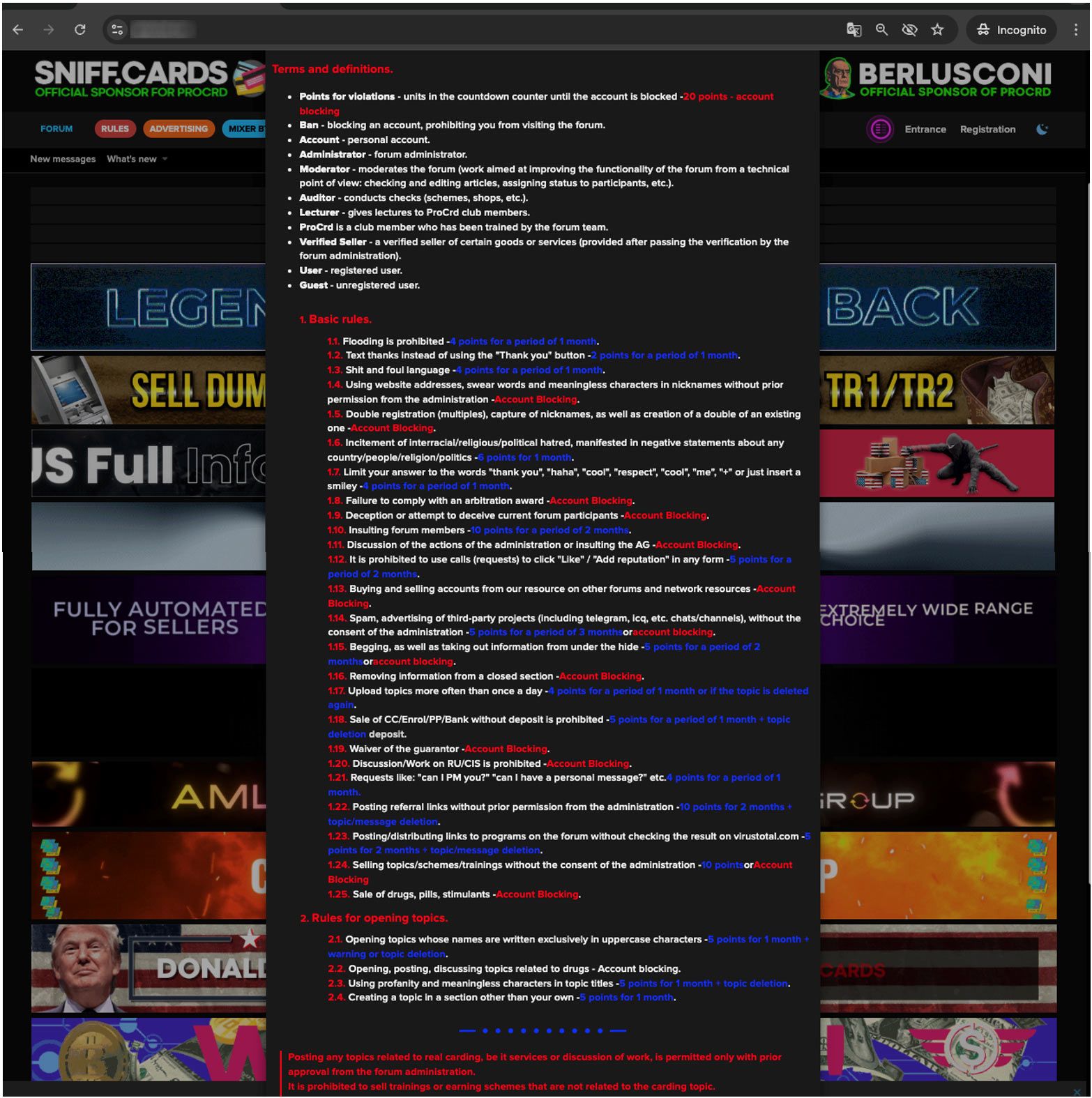 Examples of basic forum rules in a Russian-speaking underground forum (Procrd)