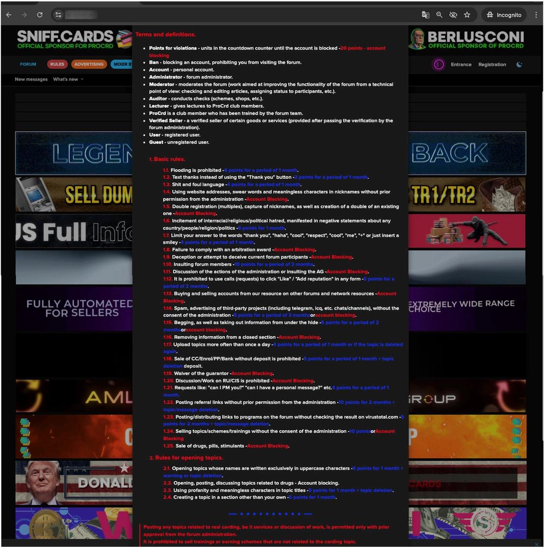 Examples of basic forum rules in a Russian-speaking underground forum (Procrd)
