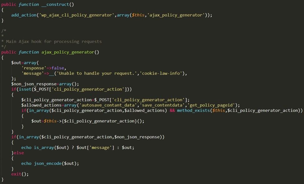 Vulnerable code in admin/modules/cli-policy-generator/classes/class-policy-generator-ajax.php
