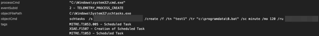 Trend Vision One logs the creation of the scheduled task which executes a BAT file every two hours on the remote hosts