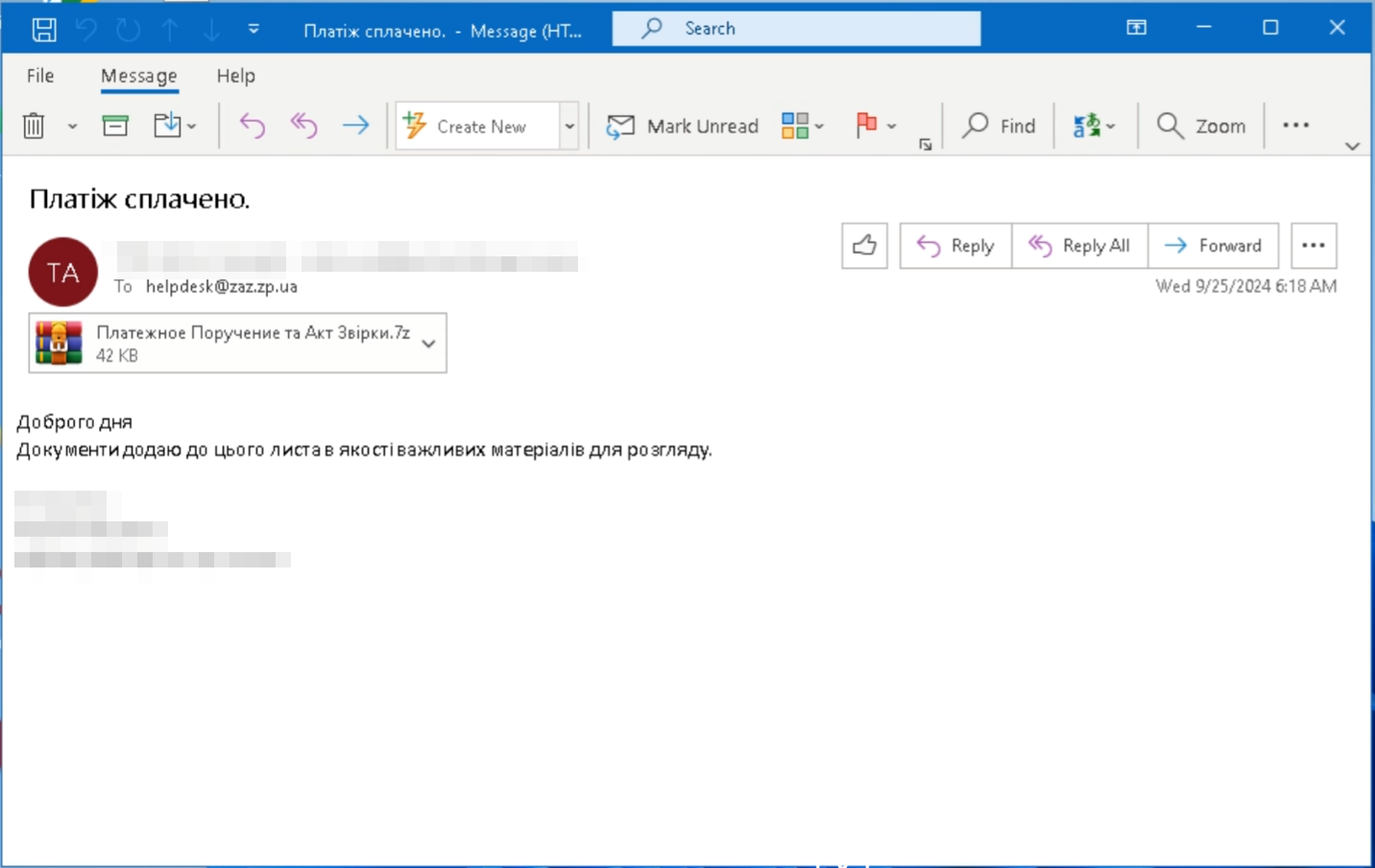 Figure 6. Sample phishing email coming from a compromised Ukrainian government email account