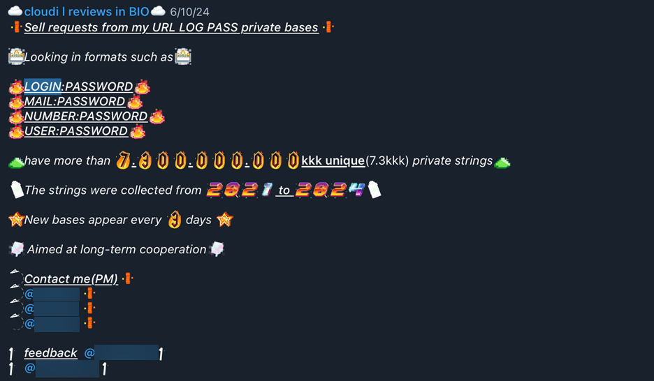 Figure 25. Advertisement for access to a database of 7,300,000,000 usernames/passwords dated from 2021-2022 from the Vueltas Chipero channel