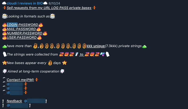 Figure 25. Advertisement for access to a database of 7,300,000,000 usernames/passwords dated from 2021-2022 from the Vueltas Chipero channel