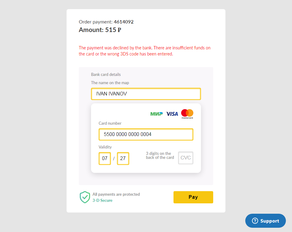 An error message stating that the bank transfer fee payment did not go through