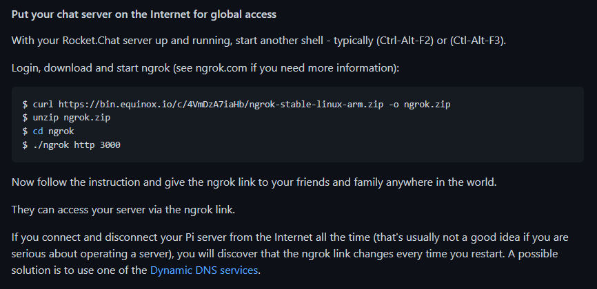 Figure 1. Rocket.Chat's installation guide suggesting the use of ngrok