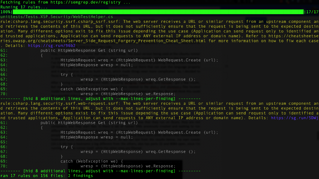 Semgrep scan results for Mono XSP using C# rules "r/csharp"