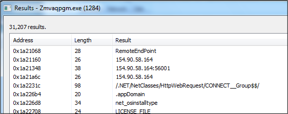 Figure 9. Strings in memory show the command and control (C&C) IP address and port of PureRAT