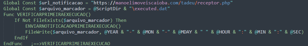 Figure 9. AutoIt script initializing first-execution logic with remote notification