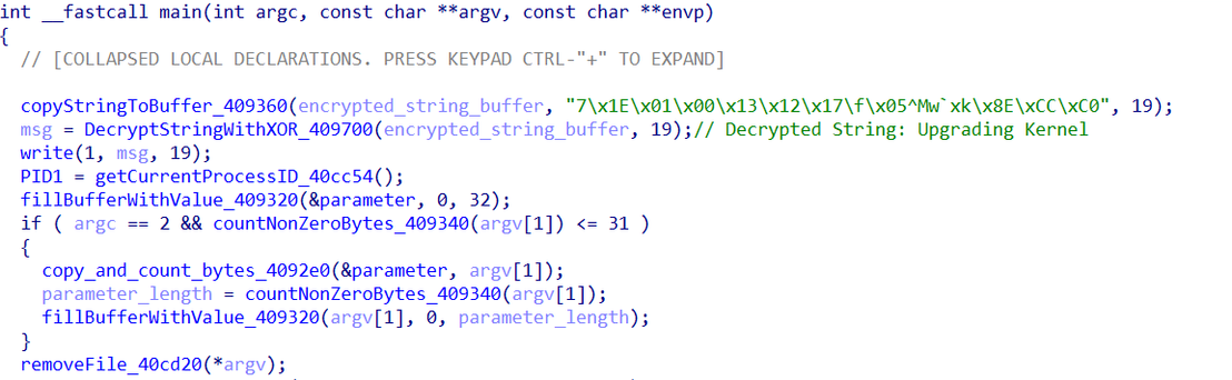 Figure 11. Decrypting Upgrading Kernel string and the removal of the malware execution path
