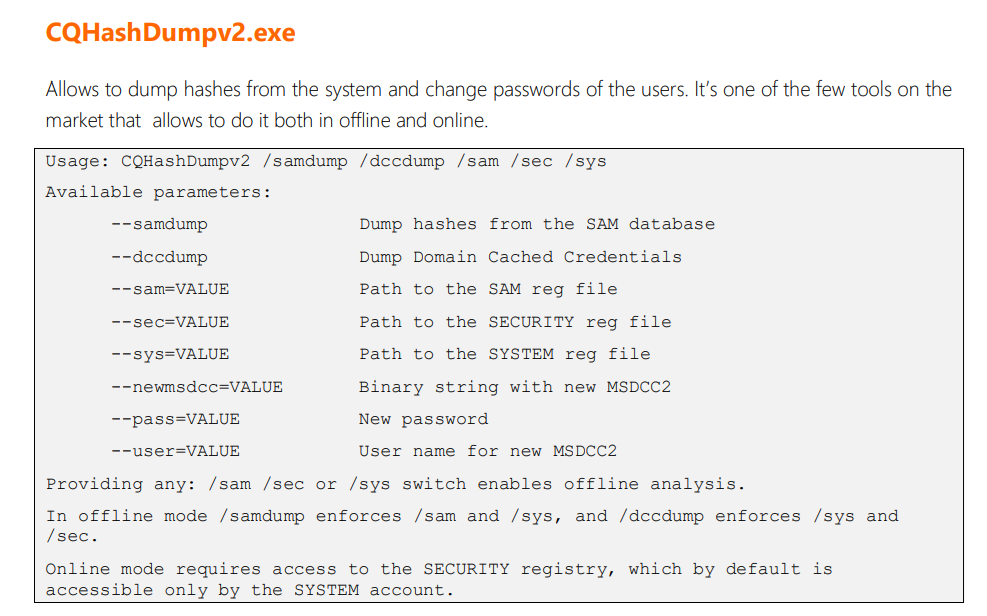 Documentation of CQHashDumpv2.exe from BlackHat paper