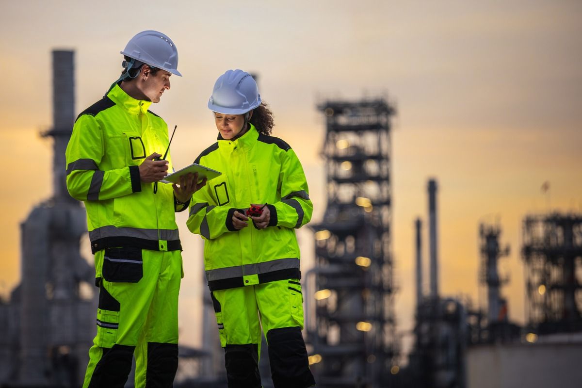 construction worker looking at tablet
