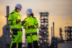 construction worker looking at tablet