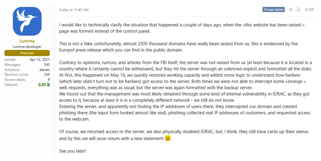Lumma developer’s initial post in the XSS Forum regarding the takedown (Image from Twilight Cyber)