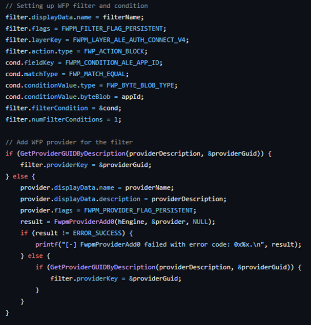 Figure 1. EDRSilencer configures a WFP filter to block specific application connections and sets up the corresponding provider
