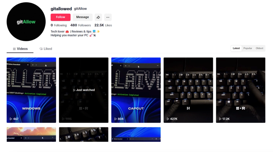 The profile page of a TikTok user account that posts videos on how to activate software that culminates in the execution of a PowerShell command