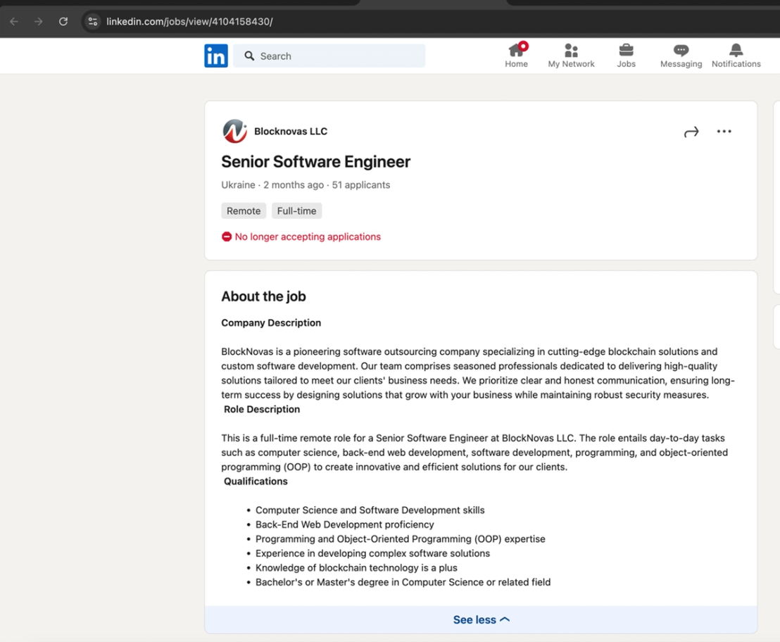 Figure 2. BlockNovas recruiting a senior software engineer in Ukraine in December 2024