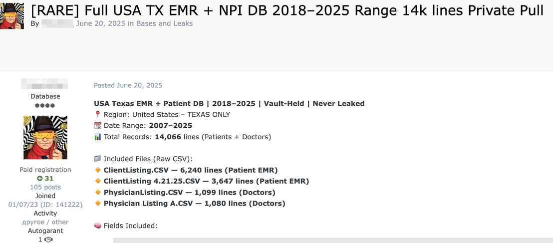 Figure 14. A forum listing offering a U.S. EMR fullz database for sale