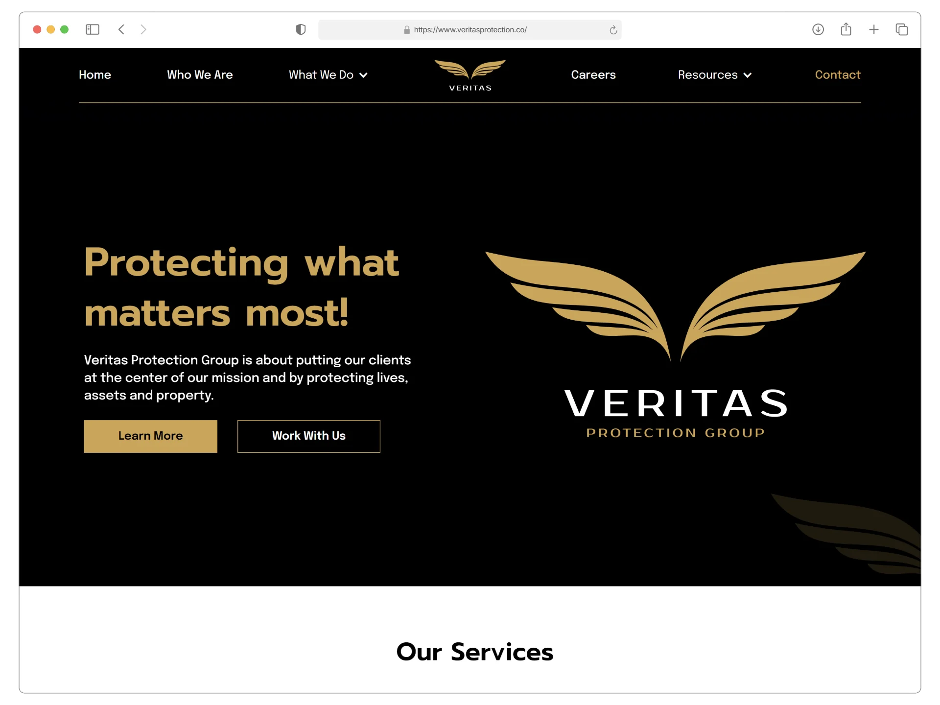 Veritas Protection website mockup