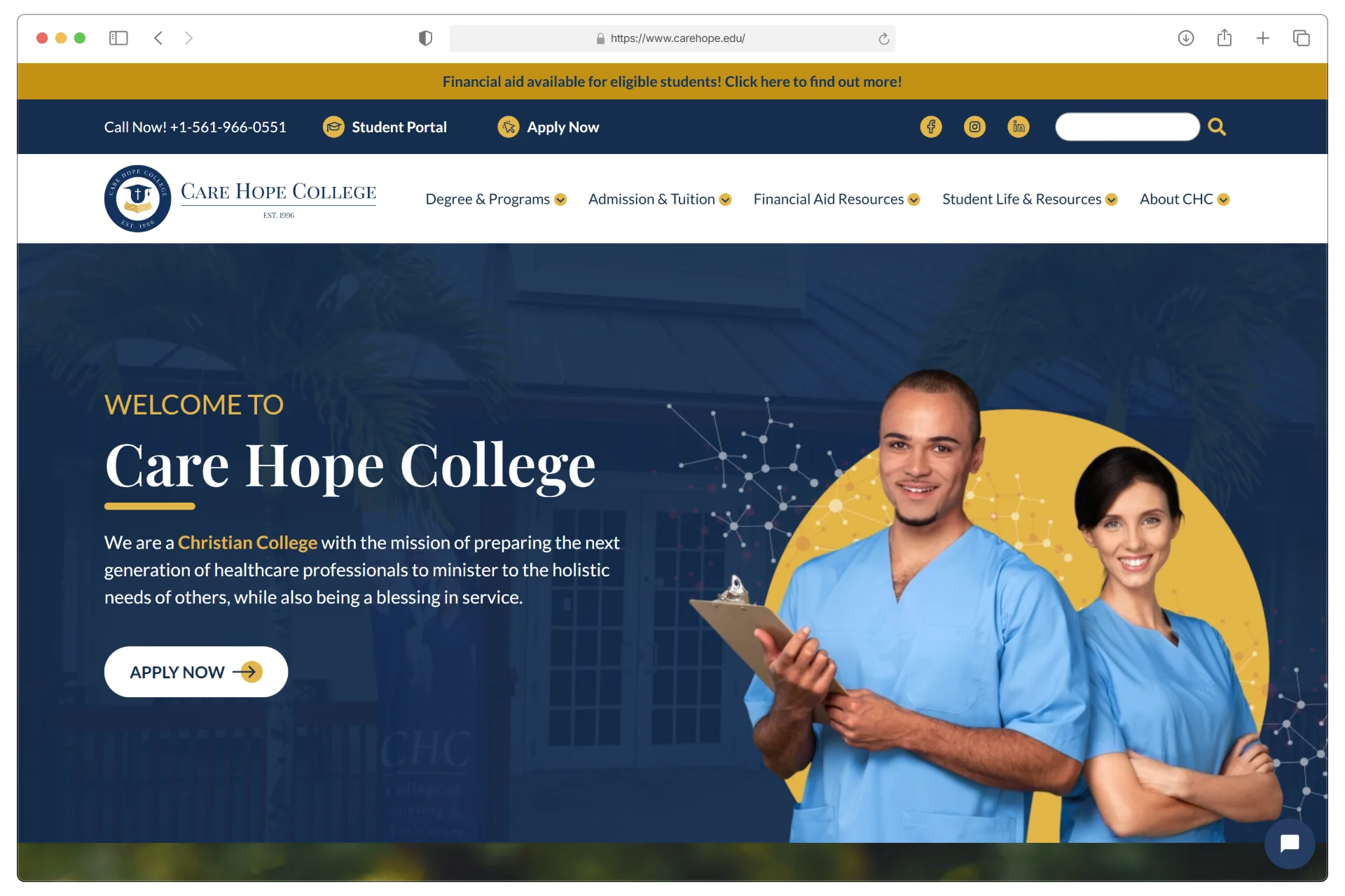 Care Hope College website mockup