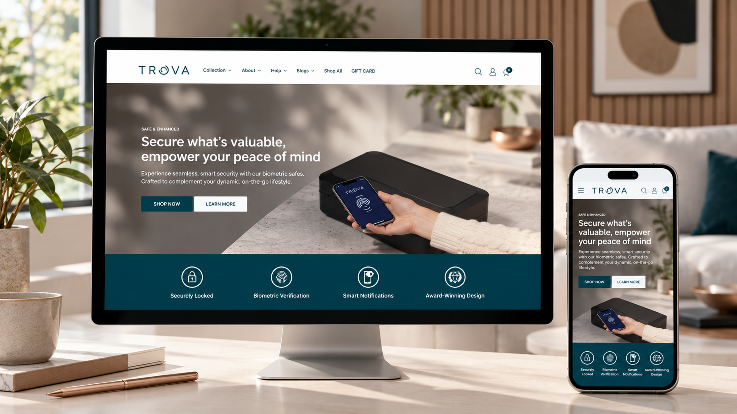 TROVA website — store overview mockup