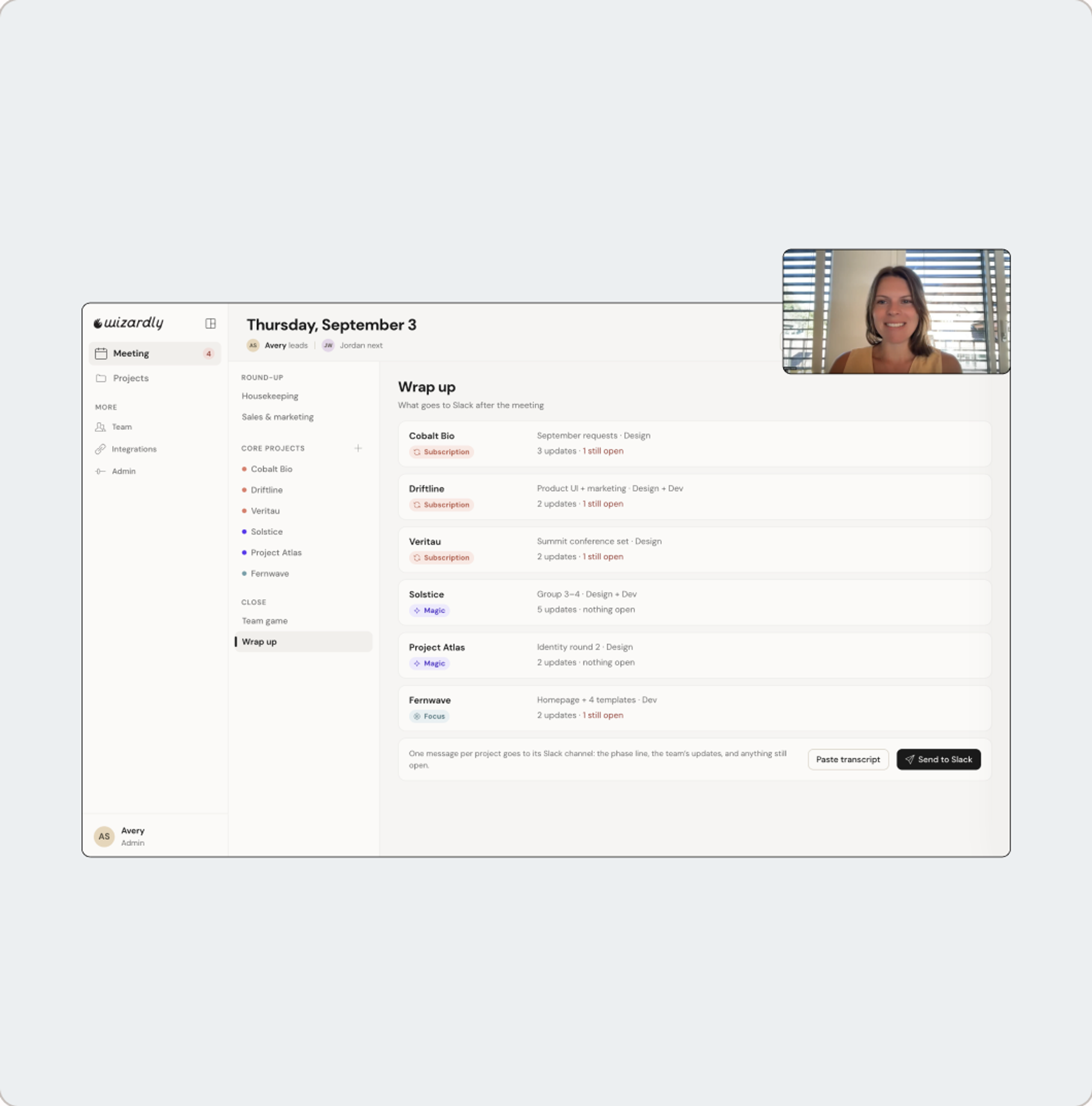 The Core Team app’s meeting view, open during a video call