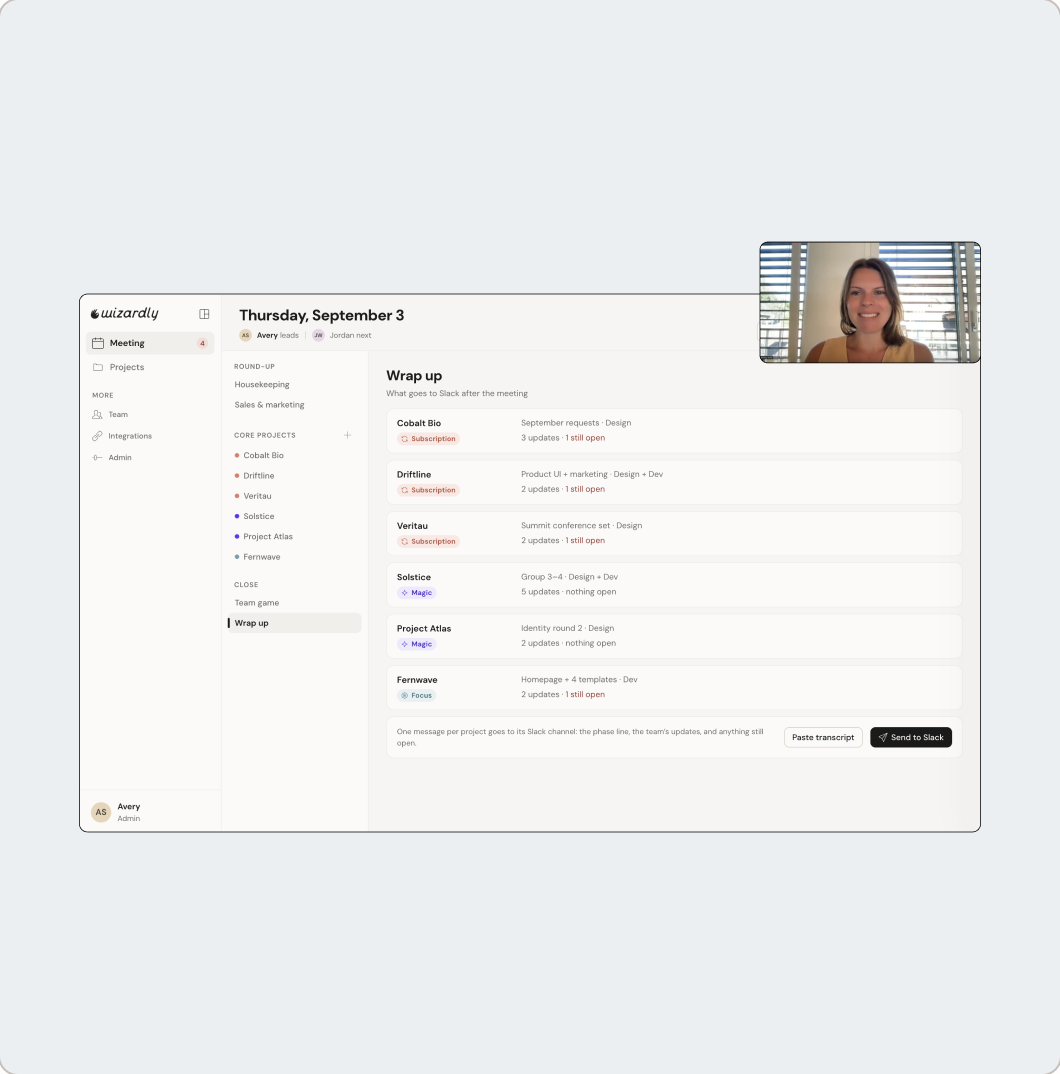 The Core Team app’s meeting view, open during a video call