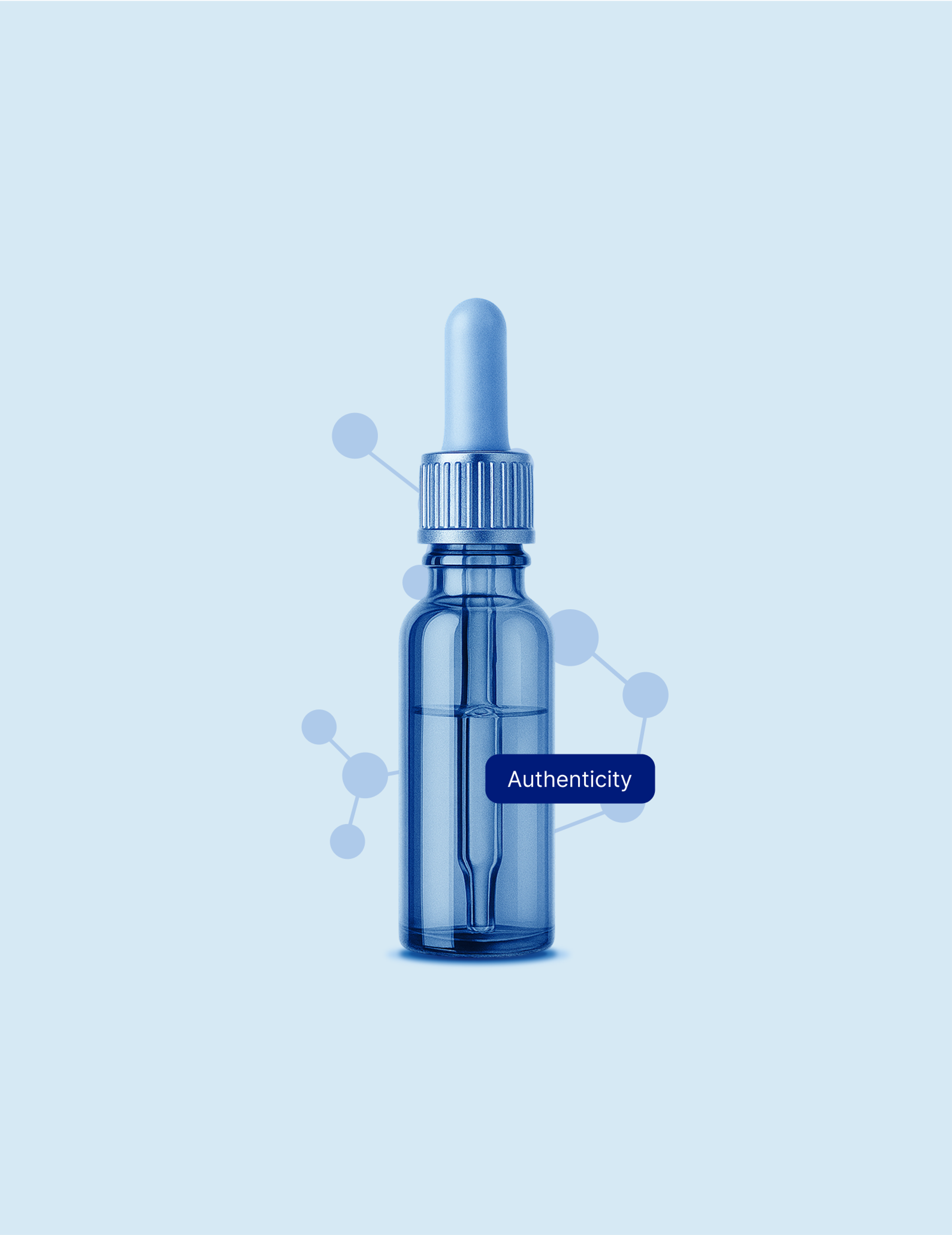 Authenticity visual — glass dropper bottle with molecular tag