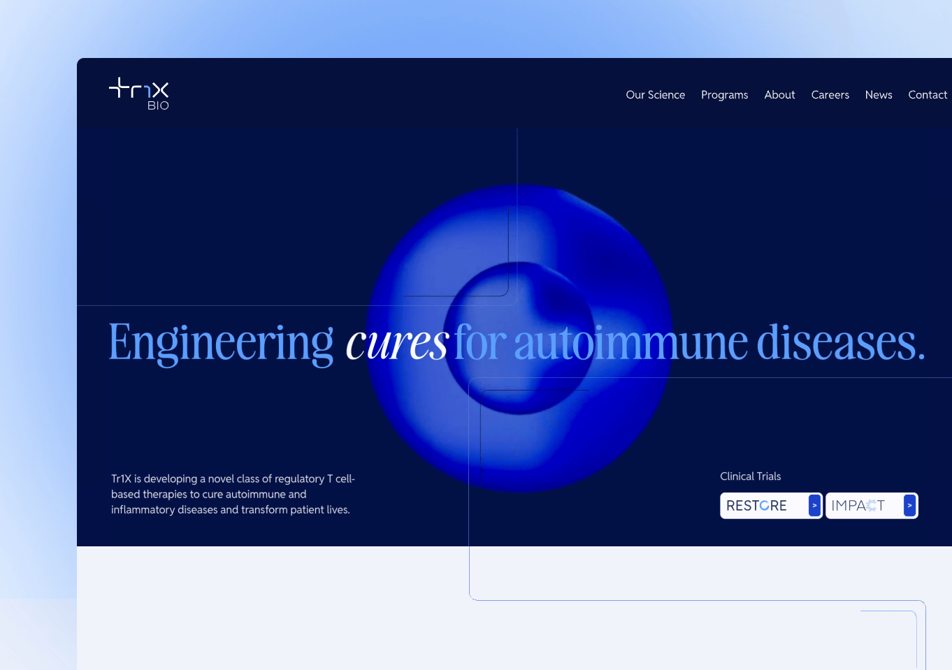 The Tr1X Bio website hero — engineering cures for autoimmune diseases
