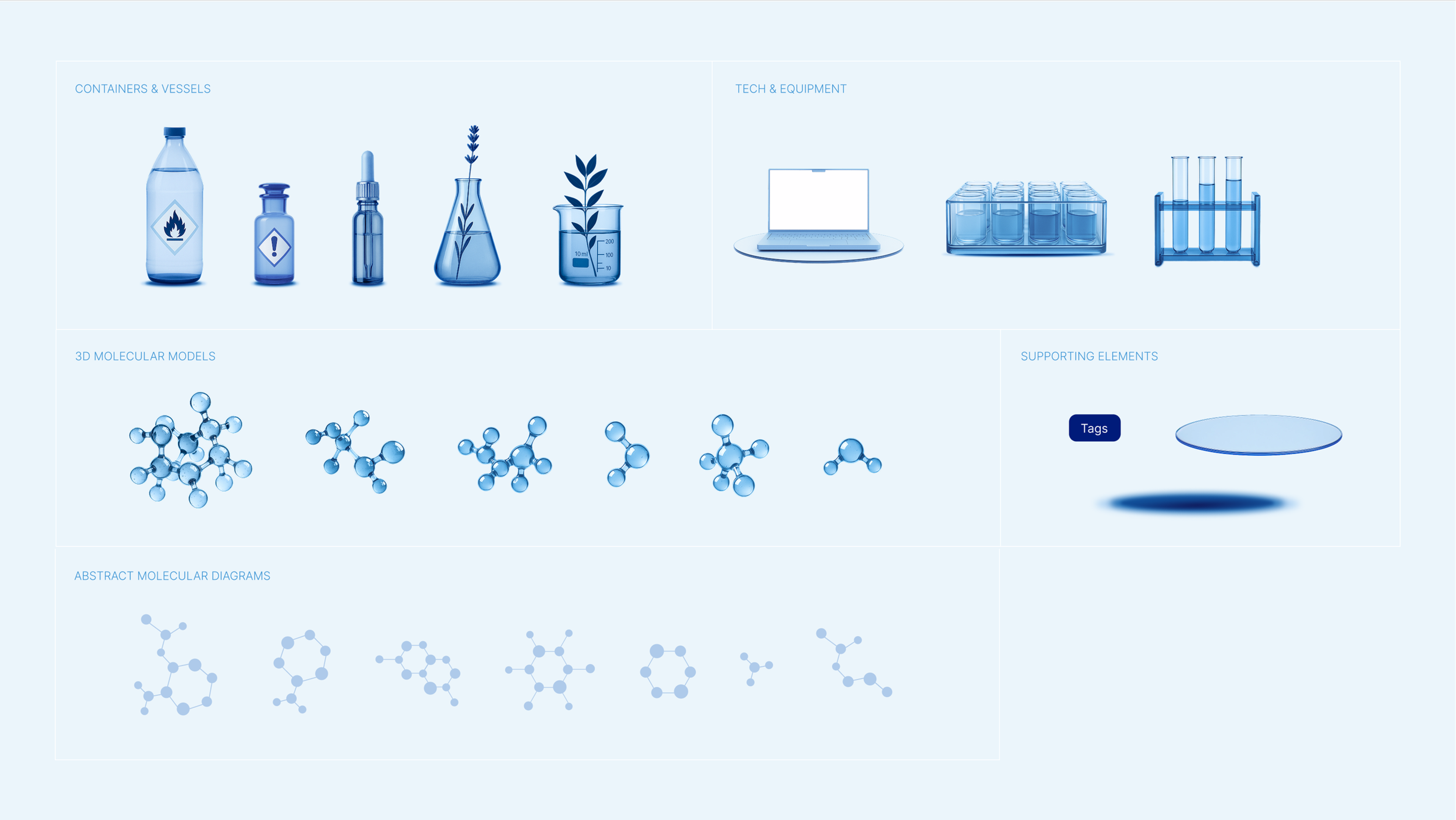 The full BrightSpec asset library — vessels, molecules, and surface elements