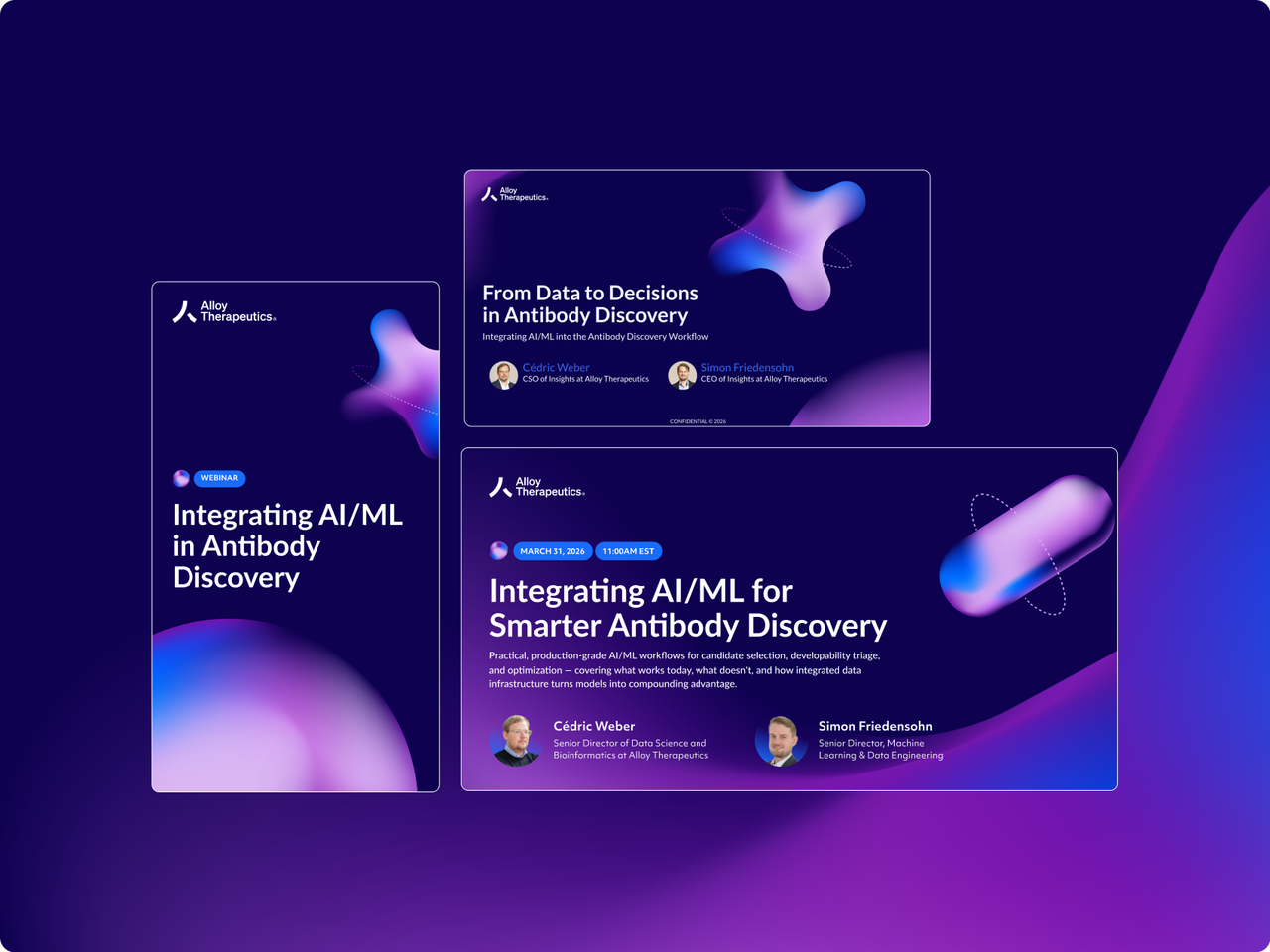 Alloy Therapeutics AI/ML webinar ads and landing page on a deep purple field