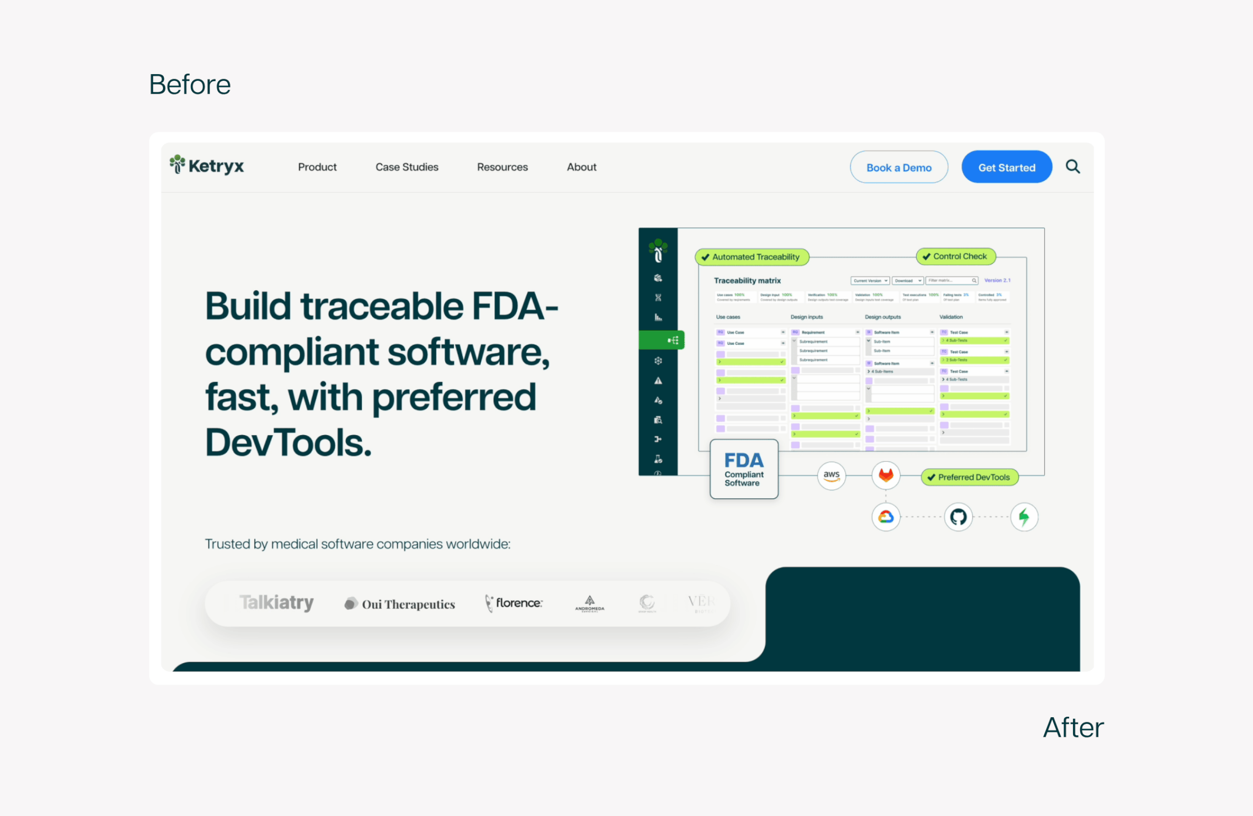 Before and after of the Ketryx homepage restructure