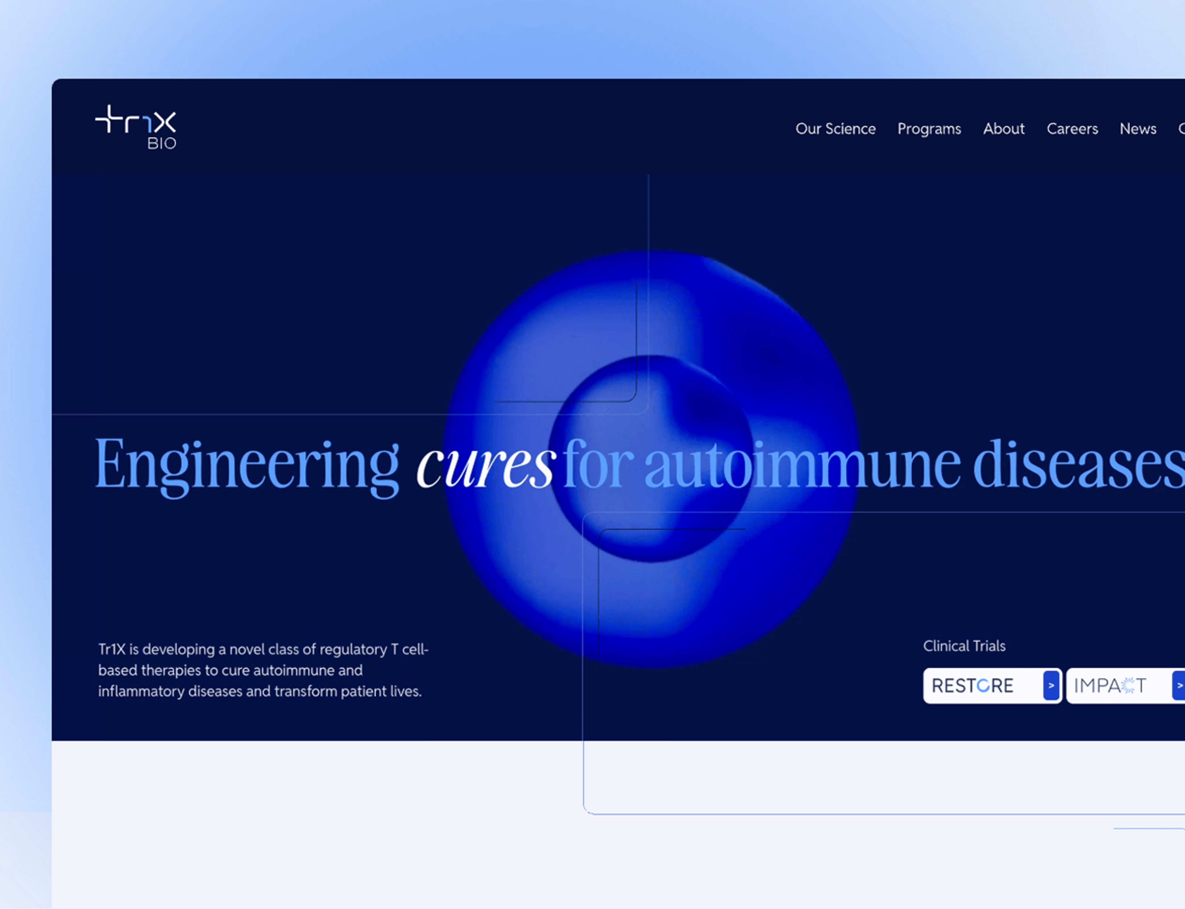 The animated TR1X homepage hero — engineering cures for autoimmune diseases