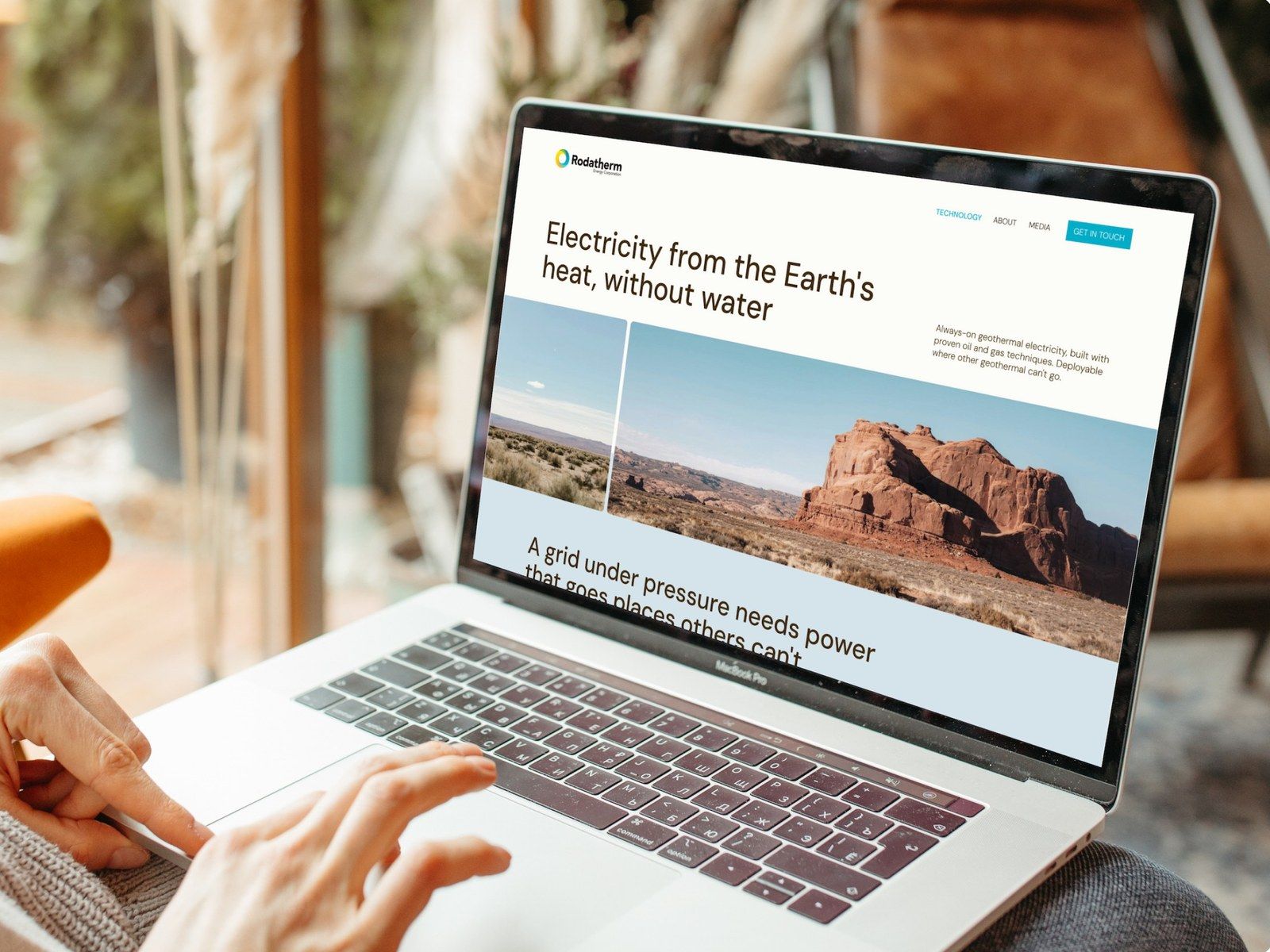 The Rodatherm homepage — electricity from the Earth’s heat, without water — on a laptop