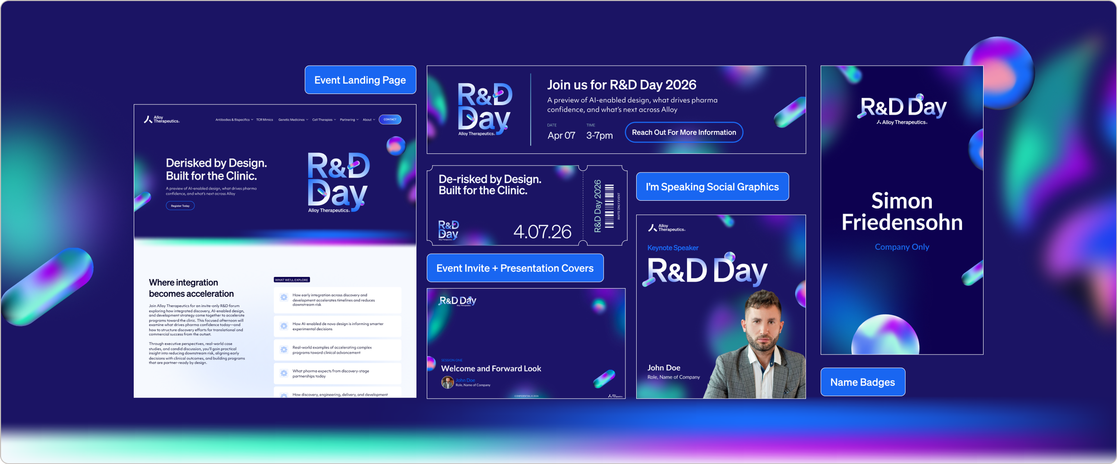 R&D Day 2026 landing page, speaker graphics, presentation cover and name badge
