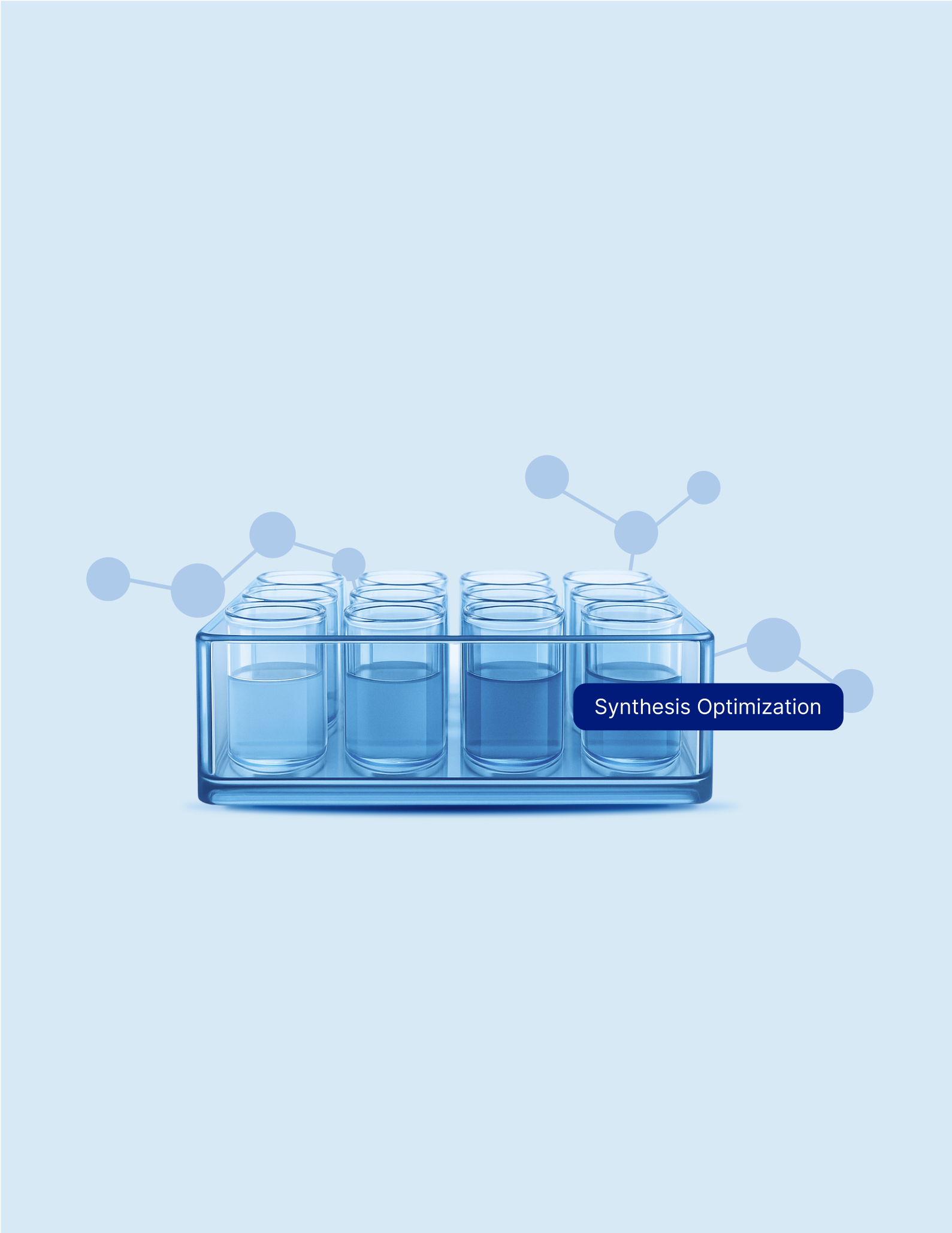 Synthesis optimization visual — glass vessels with a molecular overlay and text tag
