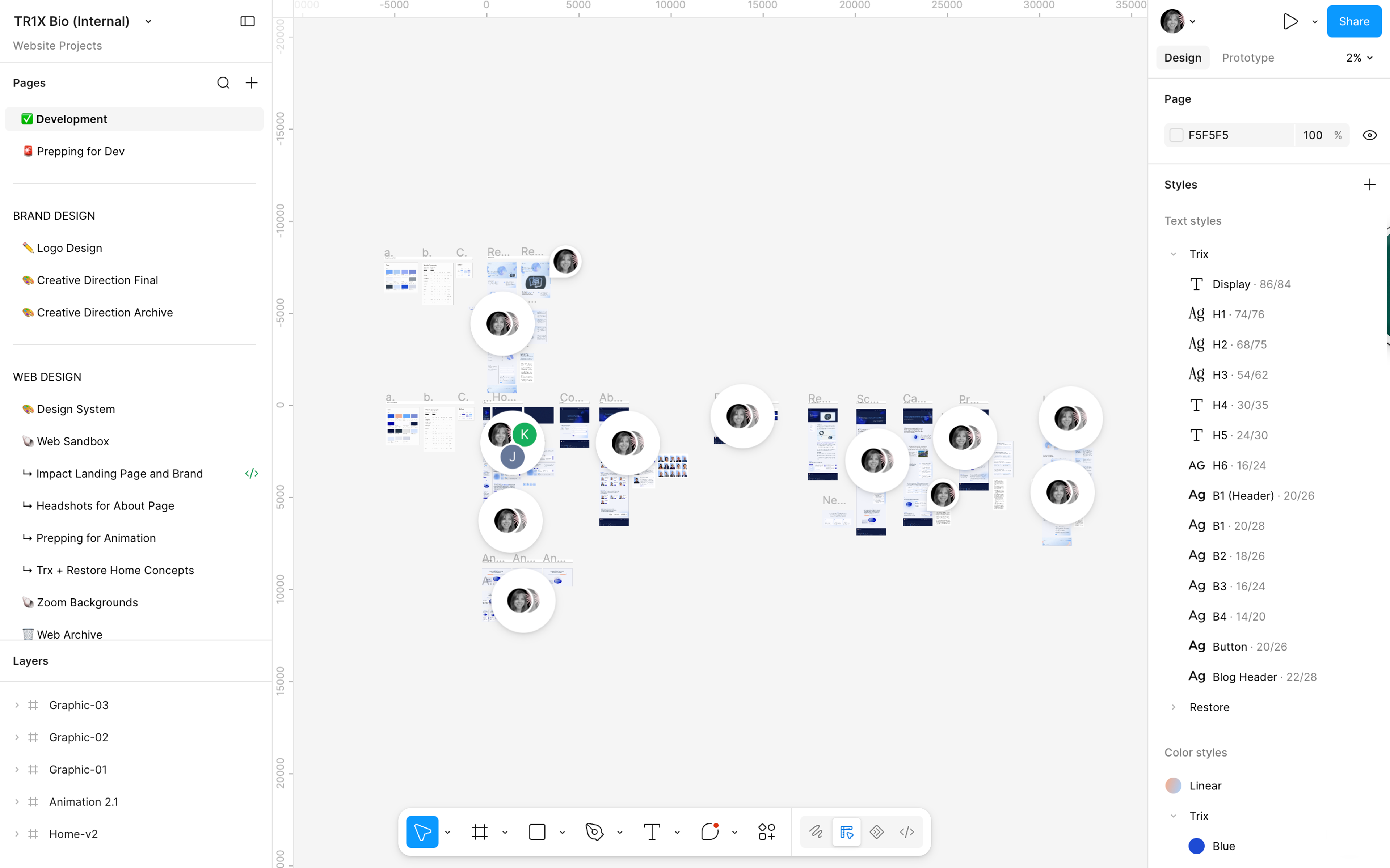 The TR1X Figma file, organized into brand, web design and development pages