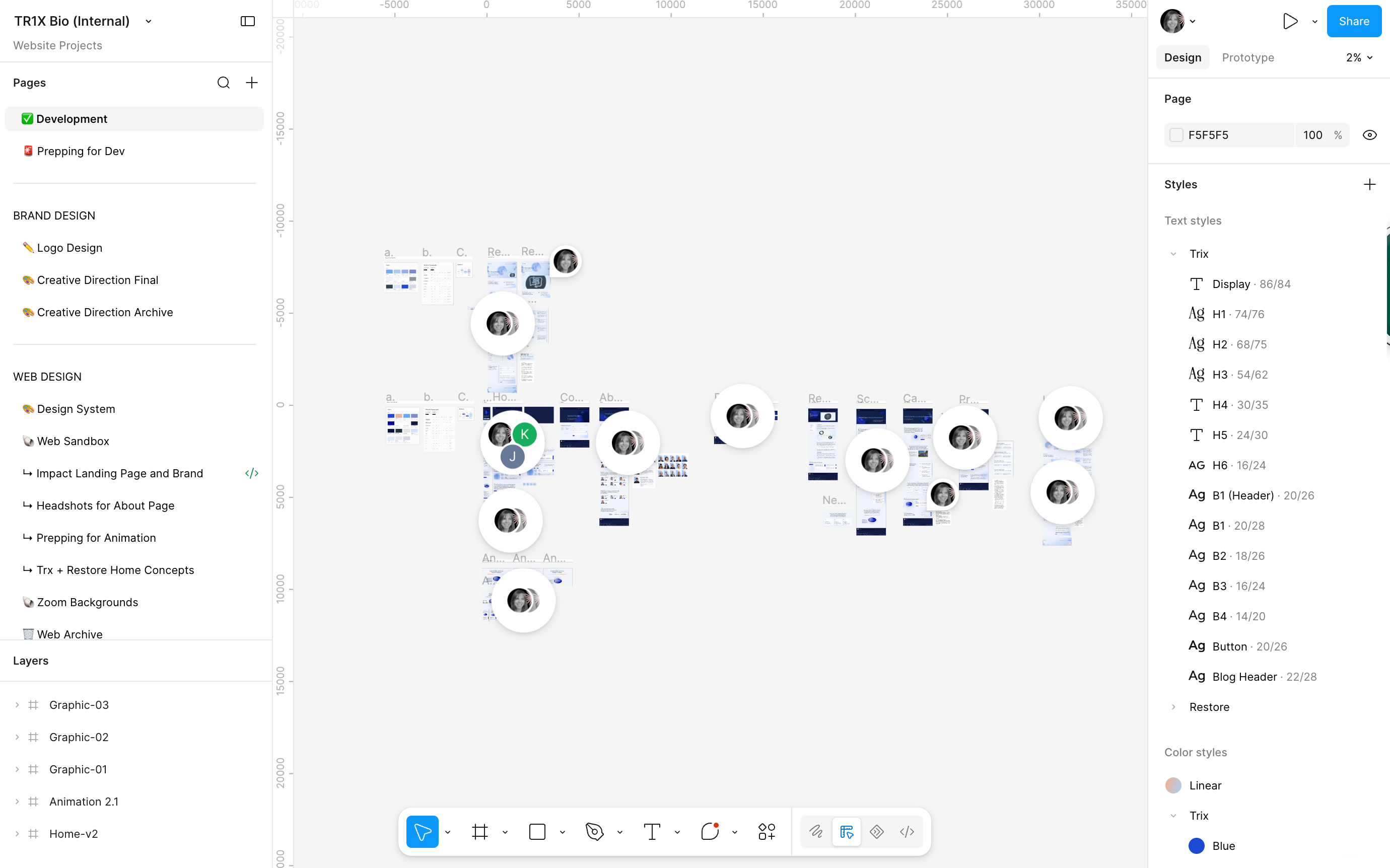 The TR1X Figma file, organized into brand, web design and development pages