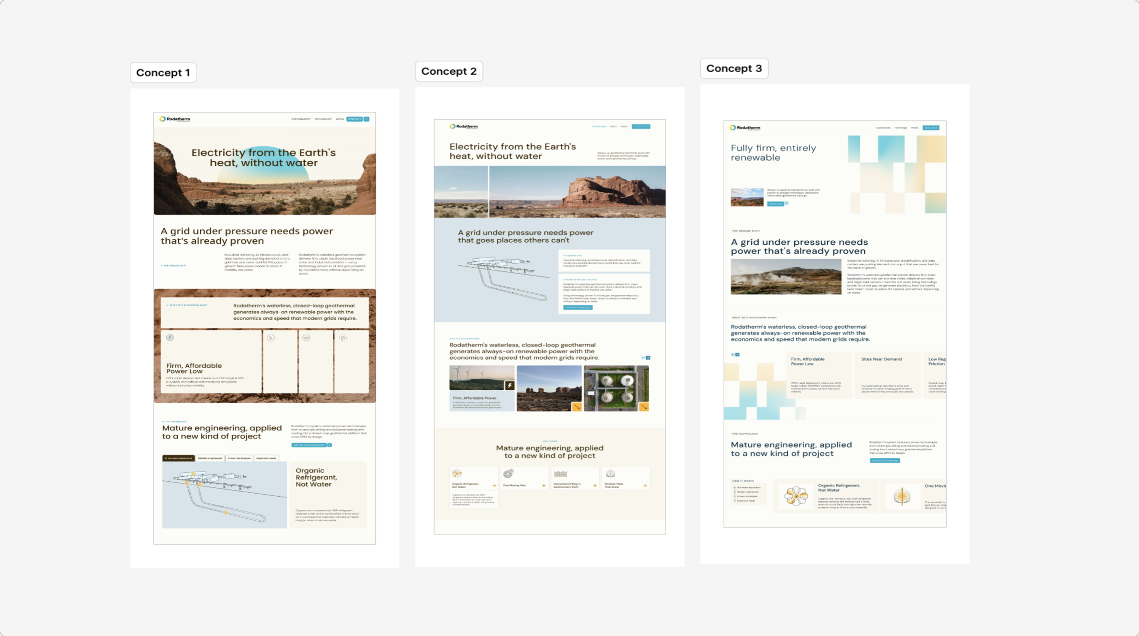 Three homepage concepts for Rodatherm, side by side